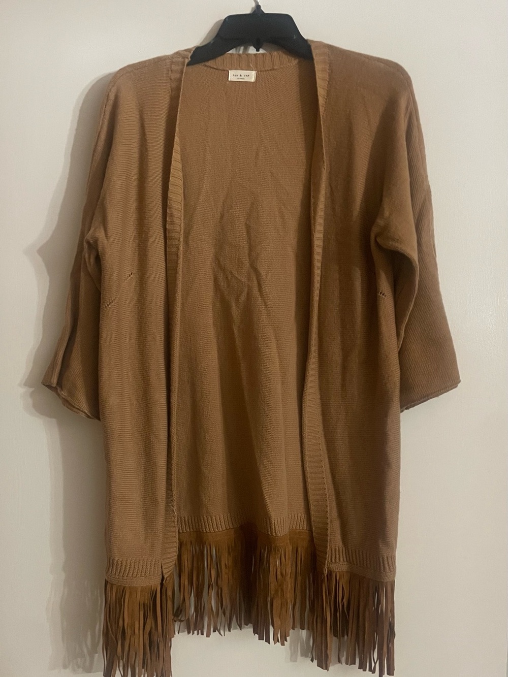 Tea n Cup Camel Fringe Open-Front Knit Cardigan